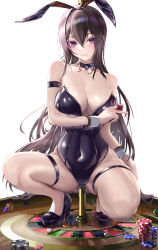 Rule 34 | 1girl, absurdres, animal ears, arm strap, bare shoulders, black hair, bodysuit, breasts, casino, cleavage, closed mouth, collar, collarbone, covered navel, eyelashes, eyeliner, fake animal ears, groin, hair between eyes, hallo (rltkdydrltk), high heels, highres, holding, large breasts, leotard, long hair, looking at viewer, makeup, on table, original, playboy bunny, poker chip, pole, purple eyes, rabbit ears, roulette table, simple background, solo, squatting, table, thigh strap, thighs, very long hair, white background