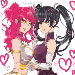 Rule 34 | 00s, 2girls, akarino7, black hair, breast press, breasts, elbow gloves, freckles, gloves, gundam, gundam 00, holding hands, heart, large breasts, multiple girls, nena trinity, red hair, symmetrical docking, twintails, two side up, wang liu mei, yellow eyes, yuri