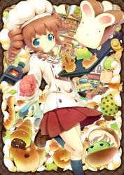 Rule 34 | 1boy, 1girl, :&lt;, aikei ake, bakery, blue eyes, blush, bread, brown hair, chef hat, chef, chocolate cornet, drill hair, food, hat, loafers, original, oven mitts, ringlets, rolling pin, shoes, shop, skirt, smile, standing, standing on one leg, themed object, thighhighs, twin drills, twintails
