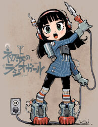 Rule 34 | 1girl, :d, black hair, blue shirt, blush, cable, capacitor, circuit board print, commentary, electrical outlet, english commentary, gloves, green eyes, grey gloves, headphones, holding, holding cable, kiichi, light brown background, long hair, looking at viewer, multicolored clothes, multicolored legwear, multicolored socks, open mouth, original, shirt, signature, smile, soldering iron, standing, teeth, text background, transistor (object), translation request, upper teeth only