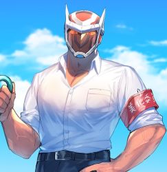 Rule 34 | 1boy, algernon (housamo), alternate costume, bara, belt, cloud, cloudy sky, colored sclera, day, grey pants, hand on own hip, hat, helmet, holding, hozu (hozumi), large pectorals, looking at viewer, pectoral cleavage, male focus, muscular, ocean, open clothes, open shirt, outdoors, pants, pectorals, red eyes, shirt, sky, solo, standing, sunlight, tokyo houkago summoners, upper body, veins, white shirt, yellow sclera