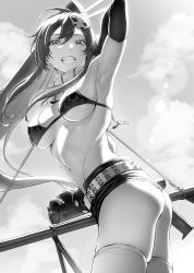 Rule 34 | 1girl, arm behind head, arm up, armpits, ass, bikini, bikini top only, breasts, cloud, elbow gloves, fingerless gloves, flame print, floating hair, from side, gloves, greyscale, grin, gun, hair ornament, highres, holding, holding gun, holding weapon, large breasts, long hair, looking at viewer, monochrome, mugetsu2501, navel, outdoors, ponytail, rifle, scope, skull hair ornament, sky, smile, sniper rifle, solo, stomach, swimsuit, teeth, tengen toppa gurren lagann, thighhighs, twisted torso, weapon, yoko littner