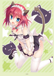 Rule 34 | 1girl, animal ears, animal print, bare shoulders, blue eyes, blush, breasts, cat ears, cat print, cat tail, cleavage, collarbone, detached collar, fake animal ears, fang, frills, garter straps, hairband, hanasaki work spring, highres, looking at viewer, maid, maid headdress, open mouth, shirt tug, small breasts, solo, soramori wakaba, striped, striped background, tail, thighhighs, toranosuke, uniform, white thighhighs, wrist cuffs