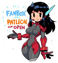 Rule 34 | 1girl, asta rindo (rariatto), black hair, blush, bodysuit, closed mouth, covered navel, grey bodysuit, highres, long hair, looking at viewer, original, promotional art, rariatto (ganguri), robot ears, smile, solo, typo