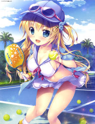 Rule 34 | 1girl, :d, absurdres, artist name, ball, baseball cap, blonde hair, blue-tinted eyewear, blue eyes, blue hat, blue sailor collar, blue scrunchie, blue sky, blush, bra, breasts, cameltoe, cleavage, cloud, collarbone, covered erect nipples, day, eyewear on headwear, fang, floating hair, hair between eyes, hair ornament, hair scrunchie, hat, highres, holding, holding ball, leaning forward, long hair, mikeou, miniskirt, one side up, open mouth, original, outdoors, panties, pink-framed eyewear, pleated skirt, sailor collar, scan, scrunchie, sideboob, skirt, sky, smile, socks, solo, standing, sunglasses, tennis ball, tinted eyewear, underwear, very long hair, white bra, white panties, white skirt, white socks