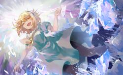 Rule 34 | 1girl, abstract background, arm up, black hairband, black pantyhose, blonde hair, commentary, dress, fang, feet out of frame, green dress, hairband, highres, higurashi no naku koro ni, houjou satoko, kakera, kyusoukyu, looking at viewer, looking down, necktie, open mouth, pantyhose, red eyes, sailor collar, short hair, short sleeves, skin fang, smile, solo, symbol-only commentary, white sailor collar, yellow necktie