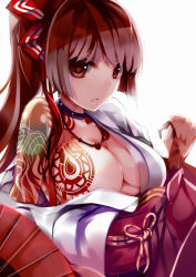 Rule 34 | 1girl, breast tattoo, breasts, cleavage, highres, iron (huyiyang), japanese clothes, kimono, large breasts, long hair, looking at viewer, original, simple background, solo, tattoo, white background