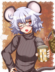 Rule 34 | 1girl, animal ears, basket, blush, cup, eyebrows, female focus, glasses, grey hair, hand on own hip, highres, jacket, mouse ears, mouse tail, mug, nazrin, one eye closed, open mouth, red eyes, ribbed sweater, short hair, solo, sweater, tail, thick eyebrows, touhou, tsundere, turtleneck, zan (harukahime)