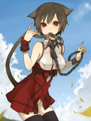 Rule 34 | 1girl, animal ears, bad id, bad pixiv id, bare shoulders, bdsm, biting, biting own tail, bondage, bound, breasts, brown hair, cat ears, cat tail, chain, collar, covered erect nipples, cuffs, kurono yuu, large breasts, lens flare, mouth hold, pinky out, red eyes, short hair, slave, sleeveless, solo, tail, tail biting, thighhighs, wrist cuffs, zettai ryouiki