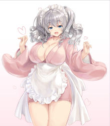 Rule 34 | 10s, 1girl, :d, alternate costume, apron, blue eyes, blush, breasts, cleavage, collarbone, commentary request, cowboy shot, enmaided, highres, japanese clothes, kantai collection, kashima (kancolle), kimono, kiyama satoshi, large breasts, long sleeves, looking at viewer, maid, maid headdress, open mouth, short kimono, silver hair, smile, solo, twintails, wa maid, waist apron, wavy hair, wide sleeves