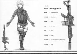 Rule 34 | 1girl, absurdres, assault rifle, belt, boots, braid, buckle, combat boots, description, elbow gloves, fingerless gloves, gloves, greyscale, gun, highres, imizu (nitro unknown), izayoi sakuya, knee pads, knife, load bearing vest, m4 carbine, military, military operator, monochrome, no headwear, outstretched arms, rifle, scan, short hair, short shorts, shorts, smile, snap-fit buckle, solo, suppressor, thighhighs, touhou, translation request, twin braids, weapon