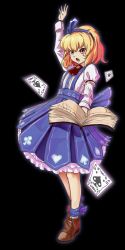 Rule 34 | 1girl, :o, absurdres, alice margatroid, alice margatroid (pc-98), ankle bow, ankle ribbon, arm up, ascot, black background, blonde hair, bloody cuke, blue bow, blue hairband, blue legwear, blue sash, blue skirt, book, bow, brown footwear, card, center frills, chinese commentary, club (shape), commentary request, diamond (shape), frilled neckwear, frilled skirt, frills, full body, glowing, hair ornament, hair ribbon, hairband, heart, heart print, hexagram, high-waist skirt, highres, holding, holding book, layered sleeves, leg ribbon, long sleeves, looking away, open book, open mouth, outline, outstretched arm, partial commentary, petticoat, playing card, playing card print, puffy short sleeves, puffy sleeves, purple bow, red ascot, ribbon, sash, shoes, short hair, short over long sleeves, short sleeves, simple background, skirt, solo, spade (shape), star of david, suspender skirt, suspenders, touhou, touhou (pc-98), white legwear, yellow eyes