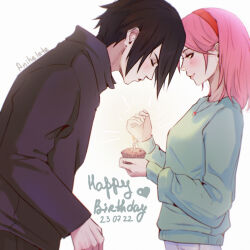 Rule 34 | 1boy, 1girl, anihelate, artist name, black hair, blowing candle, blue sweater, blush, breasts, candle, casual, closed eyes, closed mouth, commentary, couple, cupcake, dated, eyelashes, fire, fire, food, from side, green eyes, green sweater, hair behind ear, hairband, hand up, happy birthday, haruno sakura, head down, headband, highres, holding, holding food, jewelry, leaning forward, long bangs, long sleeves, medium breasts, medium hair, naruto (series), naruto shippuuden, necklace, pendant, pink hair, red hairband, red headband, signature, simple background, smile, sweater, symbol-only commentary, uchiha sasuke, white background