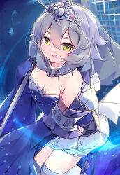 Rule 34 | 1girl, absurdres, bare shoulders, blue background, blush, collarbone, duel monster, flat chest, grey hair, hair between eyes, hammer, highres, holding, holding hammer, kanzakietc, looking at viewer, open mouth, short hair, solo, tearlaments merrli, thick eyebrows, tiara, yellow eyes, yu-gi-oh!