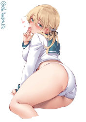 Rule 34 | 1girl, alternate costume, aqua eyes, ass, blonde hair, blush, breasts, condom, condom wrapper, cropped legs, ebifurya, hair between eyes, highres, kantai collection, large breasts, long hair, long sleeves, low twintails, no pants, panties, parted lips, prinz eugen (kancolle), school uniform, serafuku, simple background, solo, twintails, twitter username, underwear, white background, white panties