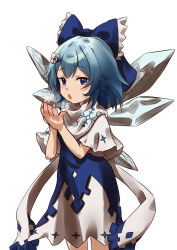 Rule 34 | 1girl, absurdres, blue bow, blue dress, blue eyes, blue hair, bow, capelet, cirno, dress, hair bow, highres, ice, ice wings, kanilevel, large bow, looking at viewer, scarf, snowflake print, solo, touhou, two-tone dress, white background, white capelet, white dress, white scarf, wings