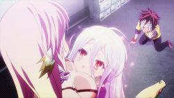 Rule 34 | 10s, 1boy, 2girls, ahoge, animated, animated gif, blush, breast press, eye contact, gradient hair, jibril (no game no life), kneeling, long hair, looking at another, lowres, multicolored hair, multiple girls, no game no life, non-web source, pink hair, red eyes, red hair, screencap, shaded face, shaking, shiro (no game no life), shoes, sneakers, sora (no game no life), sparkle, wavy eyes, wristband