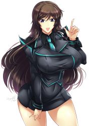 Rule 34 | 1girl, absurdres, blue necktie, breasts, brown hair, cowboy shot, haganef, highres, huge breasts, jacket, long hair, looking at viewer, muv-luv, muv-luv alternative, muv-luv total eclipse, necktie, open mouth, purple eyes, simple background, skirt, smile, solo, takamura yui, white background