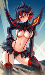 Rule 34 | 1girl, black hair, blue eyes, blush, boots, breasts, cleavage, foxyreine, highres, kill la kill, large breasts, long sleeves, looking at viewer, matoi ryuuko, microskirt, multicolored hair, navel, red hair, revealing clothes, senketsu, short hair, skirt, solo, streaked hair, thigh boots, thighs, underboob