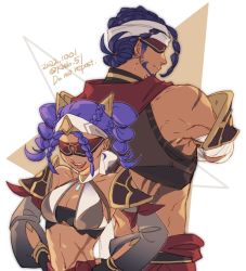 Rule 34 | 1boy, 1girl, armor, bare shoulders, blindfold, blue hair, braid, breasts, cleavage, closed mouth, collarbone, commentary request, covered eyes, crop top, crossed arms, dark-skinned female, dark-skinned male, dark skin, dated, earrings, facial hair, father and daughter, genshin impact, hands on own hips, jebrael (genshin impact), jeht (genshin impact), jewelry, kado 51, medium breasts, navel, open mouth, quad braids, red sash, red scarf, sash, scar, scar on arm, scar on stomach, scarf, shoulder armor, twin braids, twitter username