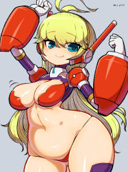 Rule 34 | 1girl, android, arms up, blonde hair, blue eyes, breasts, choukadou girl 1/6, cleavage, closed mouth, cowboy shot, doll joints, eyes visible through hair, gloves, grey background, haku hakujou daima, haku hakujou daimaou, highres, joints, large breasts, long hair, looking at viewer, navel, nona (choukadou girl 1/6), simple background, smile, solo, thong, white gloves, wide hips