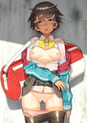 Rule 34 | 1girl, bag, black pantyhose, blush, bow, bowtie, breasts, brown eyes, brown hair, cardigan, clothes lift, dark-skinned female, dark skin, female pubic hair, hair ornament, long hair, long sleeves, looking at viewer, nipples, ogino (oginogino), open clothes, open shirt, original, panties, panty pull, pantyhose, parted lips, pubic hair, pussy, school uniform, shirt, short hair, skirt, skirt lift, solo, tan, tanline, thighs, uncensored, underwear, undressing, uniform, yellow eyes