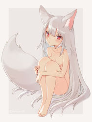Rule 34 | 1girl, animal ear fluff, animal ears, barefoot, blush, breasts, commentary request, expressionless, fox ears, fox girl, fox tail, full body, grey hair, highres, hugging own legs, komiya nigi, long hair, looking at viewer, nude, original, outside border, parted lips, red eyes, sitting, small breasts, solo, tail, very long hair