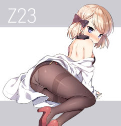 Rule 34 | 1girl, ass, azur lane, bare shoulders, black bow, black dress, blonde hair, blush, bow, brown pantyhose, character name, dress, grey background, hair bow, high heels, long sleeves, looking at viewer, looking back, mauve, off shoulder, panties, panties under pantyhose, pantyhose, pumps, purple eyes, red footwear, shirt, shoe soles, short hair, shoulder blades, sleeveless, sleeveless dress, sleeves past wrists, solo, thighband pantyhose, two-tone background, underwear, v-shaped eyebrows, white background, white shirt, z23 (azur lane)