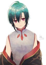 Rule 34 | 1other, absurdres, ahoge, androgynous, bare shoulders, black jacket, chinese clothes, closed mouth, commentary request, green hair, hair between eyes, highres, jacket, looking at viewer, nijisanji, off shoulder, purple eyes, ryuushen, shirt, short hair, signature, simple background, sleeveless, sleeveless shirt, sofra, solo, upper body, virtual youtuber, white background, white shirt