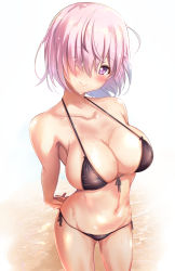 Rule 34 | 1girl, :&gt;, arms behind back, bad perspective, bikini, black bikini, blush, breasts, cleavage, collarbone, eyes visible through hair, fate/grand order, fate (series), foreshortening, front-tie bikini top, front-tie top, hair over one eye, highres, large breasts, looking at viewer, mash kyrielight, navel, own hands together, pink hair, purple eyes, short hair, side-tie bikini bottom, simple background, smile, solo, string bikini, swimsuit, untue, wet