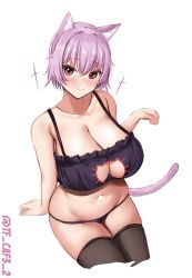 Rule 34 | 1girl, animal ears, black thighhighs, bra, breasts, cat cutout, cat ears, cat lingerie, cat tail, cleavage, cleavage cutout, closed mouth, clothing cutout, commentary request, frilled bra, frills, highres, kantai collection, large breasts, looking at viewer, meme attire, one-hour drawing challenge, paw pose, pink hair, red eyes, short hair, simple background, solo, tail, tama (kancolle), tf cafe, thighhighs, twitter username, underwear, white background