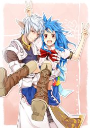 Rule 34 | 00s, 1boy, 1girl, armor, bad id, bad pixiv id, blue hair, boots, buront, carrying, cross-laced footwear, double v, elf, elvaan, final fantasy, final fantasy xi, gauntlets, hinanawi tenshi, lace-up boots, long hair, messy hair, no headwear, open mouth, pandora-ex, pointy ears, princess carry, red eyes, silver hair, skirt, smile, the iron of yin and yang, touhou, v
