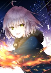 Rule 34 | 1girl, absurdres, ahoge, ayamu (igakato), building, eyebrows hidden by hair, fate/grand order, fate (series), fire, hair between eyes, highres, jacket, jeanne d&#039;arc (fate), jeanne d&#039;arc alter (fate), jeanne d&#039;arc alter (ver. shinjuku 1999) (fate), light, looking at viewer, night, night sky, official alternate costume, open mouth, short hair, silver hair, sky, smile, solo, upper body, wicked dragon witch ver. shinjuku 1999, yellow eyes