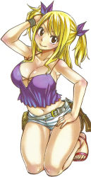 Rule 34 | 1girl, arm on own head, arm up, belt, belt skirt, blonde hair, blush, breasts, brown eyes, cleavage, fairy tail, hair over shoulder, hand on thigh, kneeling, large breasts, long hair, looking at viewer, lucy heartfilia, mashima hiro, navel, official art, sandals, short shorts, shorts, simple background, smile, solo, spaghetti strap, white background
