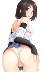 Rule 34 | 1girl, a9b (louis814), absurdres, ass, bent over, black gloves, black hair, blue skirt, blush, bob cut, breasts, brown eyes, brown hair, clothes pull, commentary, cowboy shot, crotch seam, elbow pads, from behind, gloves, hakama, hakama short skirt, hakama skirt, hand on own ass, highres, japanese clothes, kuroda kunika, light frown, looking at viewer, looking back, medium breasts, miniskirt, noble witches, open mouth, panties, pleated skirt, sarashi, shirt, shirt pull, short hair, simple background, skindentation, skirt, solo, standing, swept bangs, underwear, wedgie, white background, white panties, white shirt, world witches series