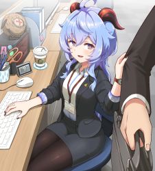 1boy, 1girl, :d, ahoge, alternate costume, black legwear, blazer, blue hair, blush, book, chair, cup, ganyu (genshin impact), genshin impact, hilichurl (genshin impact), horns, jacket, keyboard (computer), kooeiatd111020, long hair, long sleeves, mouse (computer), nail polish, name tag, office, office chair, office lady, open clothes, open mouth, pantyhose, pencil skirt, purple eyes, scissors, sitting, skirt, sleeve pull, smile, solo, suitcase, table
