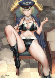 Rule 34 | 1girl, ariverkao, bikini, black bikini, blonde hair, blue eyes, breasts, dated, detached collar, hat, jacket, large breasts, looking at viewer, open clothes, open jacket, original, short hair, signature, sitting, smile, solo, swimsuit, whip
