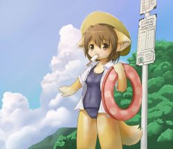 Rule 34 | 1girl, animal ears, bus stop, cloud, dog ears, dog tail, female focus, food, furry, furry female, hat, holding, innertube, kagerofu, mountain, mouth hold, nature, one-piece swimsuit, open clothes, open shirt, outdoors, pole, popsicle, school swimsuit, shirt, sign, sky, solo, straw hat, sun hat, swim ring, swimsuit, tail, tree