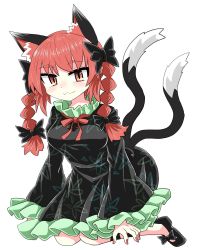 Rule 34 | 1girl, :3, animal ears, black bow, black dress, black footwear, black legwear, black tail, bow, braid, breasts, cat ears, cat tail, chups, closed mouth, dress, extra ears, footwear bow, frilled dress, frilled sleeves, frills, full body, green frills, hair bow, highres, kaenbyou rin, long sleeves, looking at viewer, multiple tails, nail polish, nekomata, red eyes, red hair, red nails, red neckwear, seiza, shoes, short hair, simple background, sitting, solo, tail, touhou, twin braids, two tails, white background