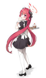 Rule 34 | 1girl, absurdres, apron, back bow, black bow, black footwear, black shirt, black skirt, blue archive, blush, bow, closed mouth, cream, cream on face, eyebrows hidden by hair, floating hair, food, food on face, from behind, frown, full body, hair bow, highres, holding, holding plate, horns, junko (blue archive), layered skirt, long hair, low twintails, maid, mary janes, miniskirt, pantyhose, plate, pleated skirt, pointy ears, red eyes, red hair, shey kr, shirt, shoes, short sleeves, simple background, skirt, slit pupils, solo, standing, twintails, very long hair, white apron, white background, white bow, white pantyhose, wrist cuffs