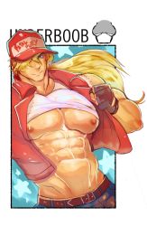 Rule 34 | 1boy, abs, bara, bare pectorals, bare shoulders, baseball cap, blonde hair, character request, check character, clothes lift, cropped shirt, denim, english text, fatal fury, hat, highres, jeans, large pectorals, long hair, male focus, meme, multiple drawing challenge, muscular, muscular male, navel, nipples, pants, pectorals, robokeh, shirt, shirt cut meme, shirt cut meme, shirt lift, sleeveless, snk, solo, stomach, terry bogard, upper body, white shirt