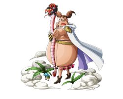 Rule 34 | 1girl, arrow (projectile), bodskih, boots, bow (weapon), brown hair, cape, epaulettes, fat, full body, leaf, midriff, mushroom, official art, one piece, one piece treasure cruise, snake, solo, sweet pea (one piece), transparent background, twintails, weapon