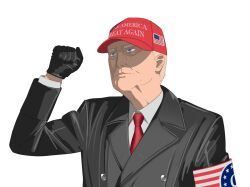 Rule 34 | 1boy, american flag, american flag print, armband, black cat03, black coat, black gloves, blonde hair, blue eyes, clenched hand, coat, collared shirt, donald trump, flag print, gloves, hat, highres, make america great again, male focus, necktie, qanon, real life, red hat, red necktie, shirt, simple background, solo, white background, white shirt
