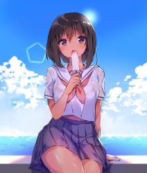 Rule 34 | 1girl, arm at side, backlighting, blue skirt, blue sky, brown hair, cloud, collarbone, commentary request, cowboy shot, dark-skinned female, dark skin, day, eyebrows, food, holding, holding food, horizon, ice cream, konbu wakame, lens flare, looking at viewer, melting, midriff, navel, neckerchief, ocean, open mouth, original, outdoors, pleated skirt, popsicle, purple eyes, revision, school uniform, see-through, serafuku, sitting, skirt, sky, solo, summer, sun, sweat, tan, tareme, thighs, water, wet, wet clothes