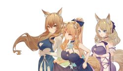 Rule 34 | &gt;:), 3girls, animal ears, arknights, aunt and niece, bare arms, bare shoulders, black choker, black dress, blemishine (arknights), blue bow, blue dress, blue eyes, blue flower, blue rose, blush, bow, breasts, choker, cic tatsumi, cleavage, cleavage cutout, closed mouth, clothing cutout, commentary request, detached sleeves, dress, evening gown, flower, hair bow, heart cutout, highres, horse ears, horse girl, horse tail, large breasts, leaning forward, long hair, looking at viewer, multiple girls, nearl (arknights), ponytail, purple choker, purple dress, purple ribbon, ribbon, rose, short sleeves, siblings, sideless outfit, simple background, sisters, skirt hold, sleeveless, sleeveless dress, smile, swept bangs, tail, underboob, underboob cutout, v-shaped eyebrows, very long hair, whislash (arknights), white background, yellow eyes