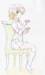 Rule 34 | 1girl, black footwear, black skirt, blonde hair, blue eyes, boots, braid, closed mouth, color trace, colored pencil (medium), commentary request, cup, darjeeling (girls und panzer), epaulettes, full body, girls und panzer, highres, holding, holding cup, holding saucer, jacket, long sleeves, looking at viewer, makicha (sasurainopink), military, military uniform, miniskirt, pleated skirt, red jacket, saucer, short hair, sitting, skirt, smile, solo, st. gloriana&#039;s military uniform, teacup, traditional media, twin braids, uniform
