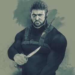 Rule 34 | 1boy, bara, chris redfield, closed mouth, facial hair, highres, holding, holding knife, holding weapon, instagram username, knife, large pectorals, male focus, monochrome, muscular, muscular male, pants, pectorals, resident evil, resident evil village, shirt, short hair, solo, upper body, weapon, weibo username, youngyee art