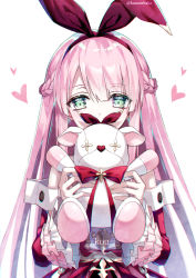 Rule 34 | 1girl, arcaea, bow hairband, braid, buttons, covering own mouth, detached sleeves, green hair, hairband, heart, kazunehaka, long hair, long sleeves, looking at viewer, pink hair, ribbon, sidelocks, stuffed toy, upper body, white background