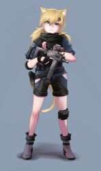 Rule 34 | 1girl, animal ears, black gloves, blonde hair, blue eyes, cat ears, cat tail, commentary request, fingerless gloves, frown, full body, girls&#039; frontline, gloves, gun, hair ornament, highres, holding, holding gun, holding weapon, idw (girls&#039; frontline), idw (mod3) (girls&#039; frontline), ingukoon, knee pads, long hair, looking at viewer, parker-hale idw, shorts, single knee pad, solo, standing, submachine gun, tail, trigger discipline, weapon