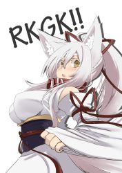Rule 34 | 1girl, animal ears, bad id, bad twitter id, bare shoulders, blush, breasts, collar, detached sleeves, female focus, fox ears, fox tail, hair tie, highres, japanese clothes, large breasts, long hair, looking at viewer, original, ponytail, sakura inu, simple background, solo, tail, white background, white hair, yellow eyes